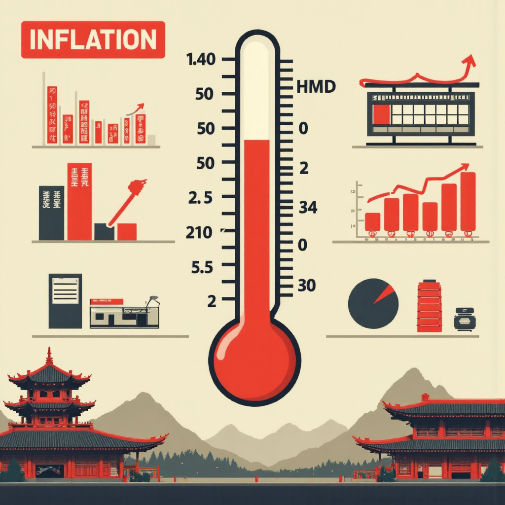 經濟溫度計像素藝術插圖，顯示通貨膨脹上升紅色刻度，背景有圖表與台灣建築元素