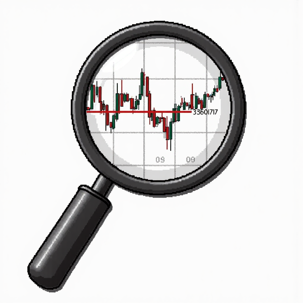 放大鏡聚焦股票代碼，顯示超買超賣區的數值指標，像素藝術風格