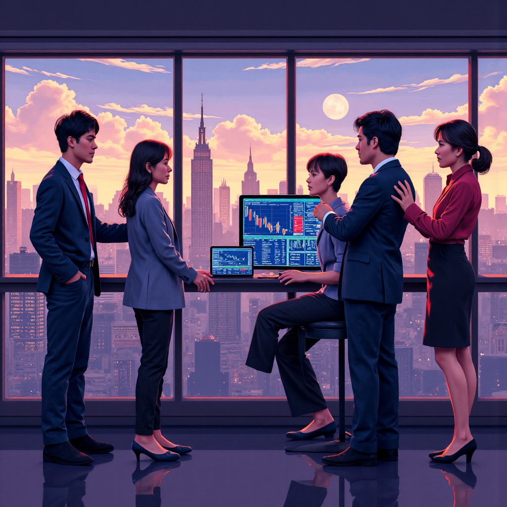 台灣投資者注視美股市場圖表的像素藝術風格插圖,背景融入美國地標,營造出充滿希望與科技進步的氛圍