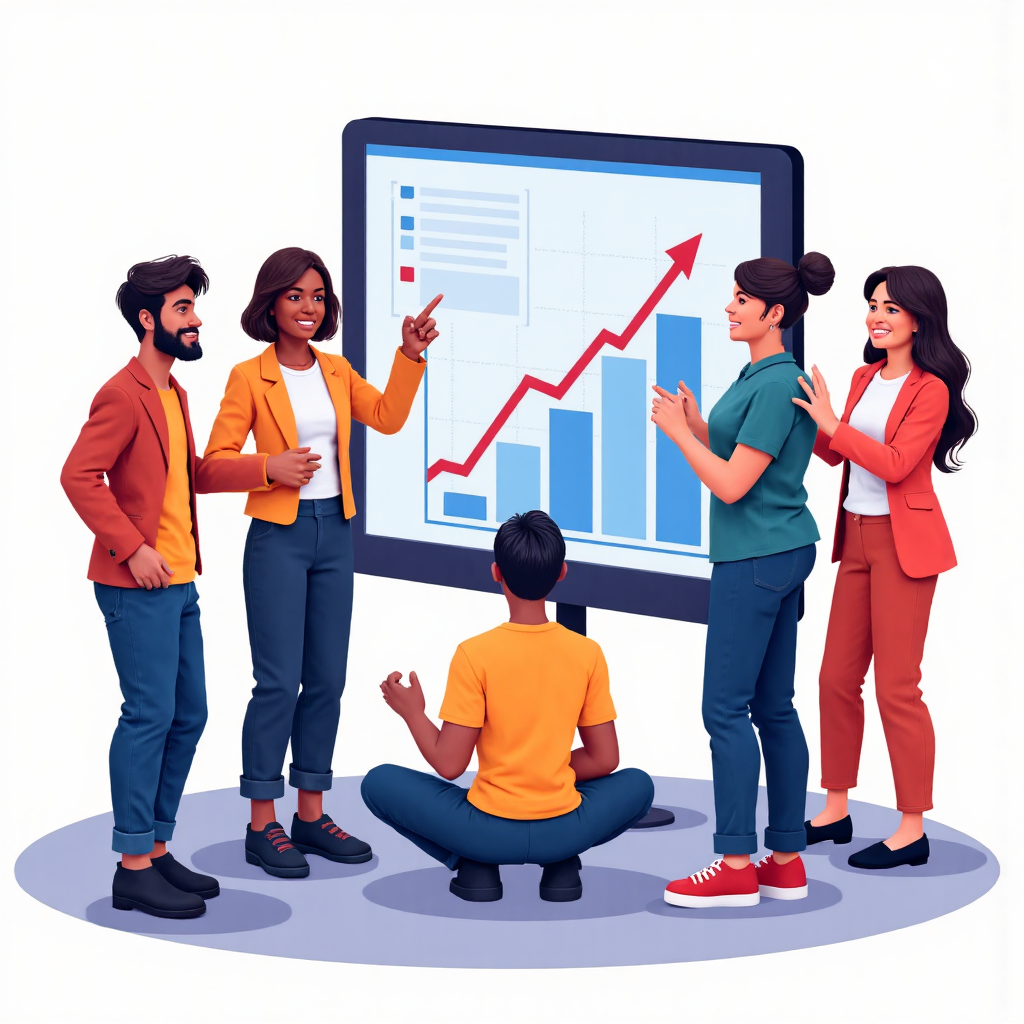 多元人士討論向上趨勢股指圖表,合作樂觀氛圍