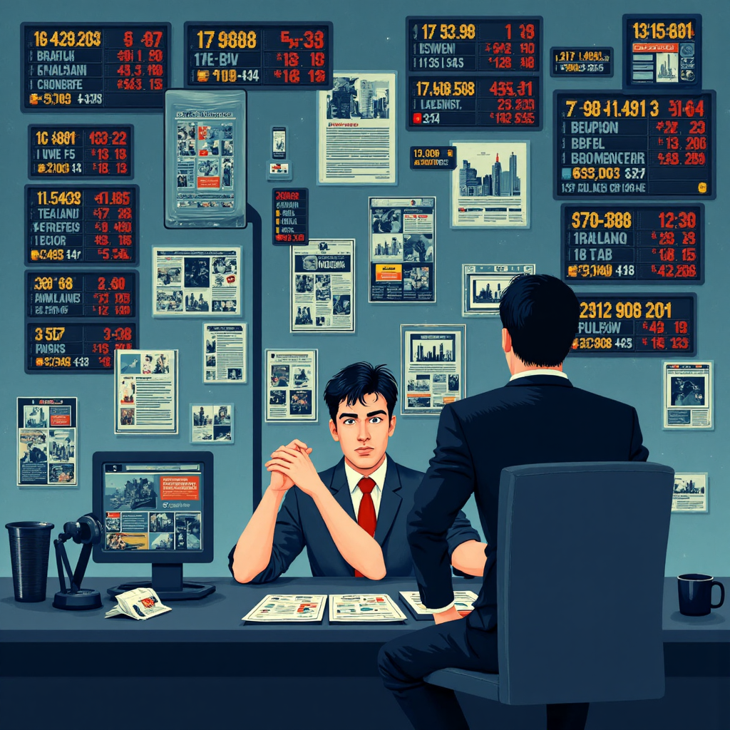 困惑投資人被新聞頭條和社群媒體浪潮淹沒的像素藝術插圖，背景有操縱股價的陰影身影