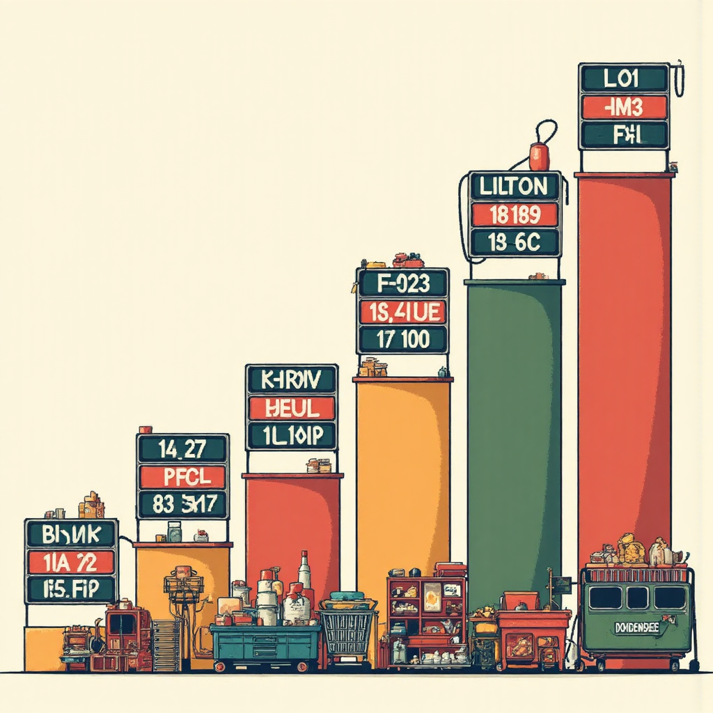 台灣油價與消費支出的像素藝術平衡圖，包含上升價格圖表、加油泵和購物籃等日常元素