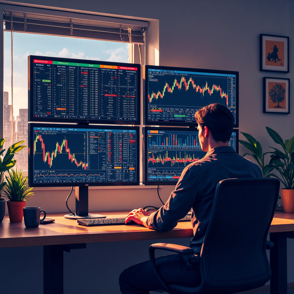 交易者桌面顯示股指圖表與訂單介面,精準操作氛圍