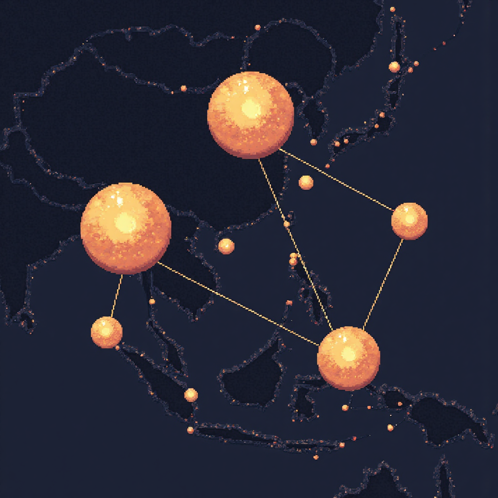 時區連結的發光球體與齒輪圖像，標示台灣與美國東海岸，象徵資訊與交易機會的流動