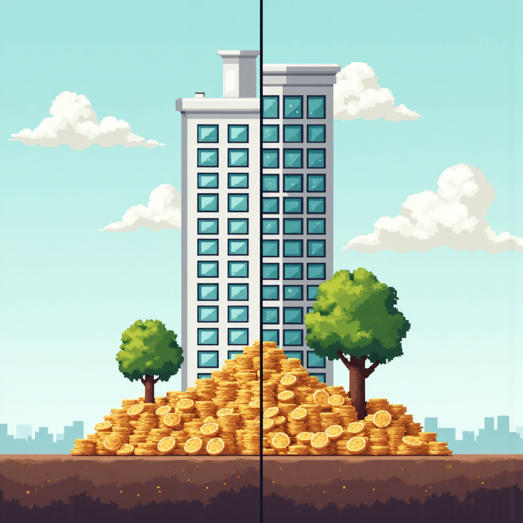 企業大樓一側與基礎上生長的金幣堆疊,象徵強健的公司財務健康與回報