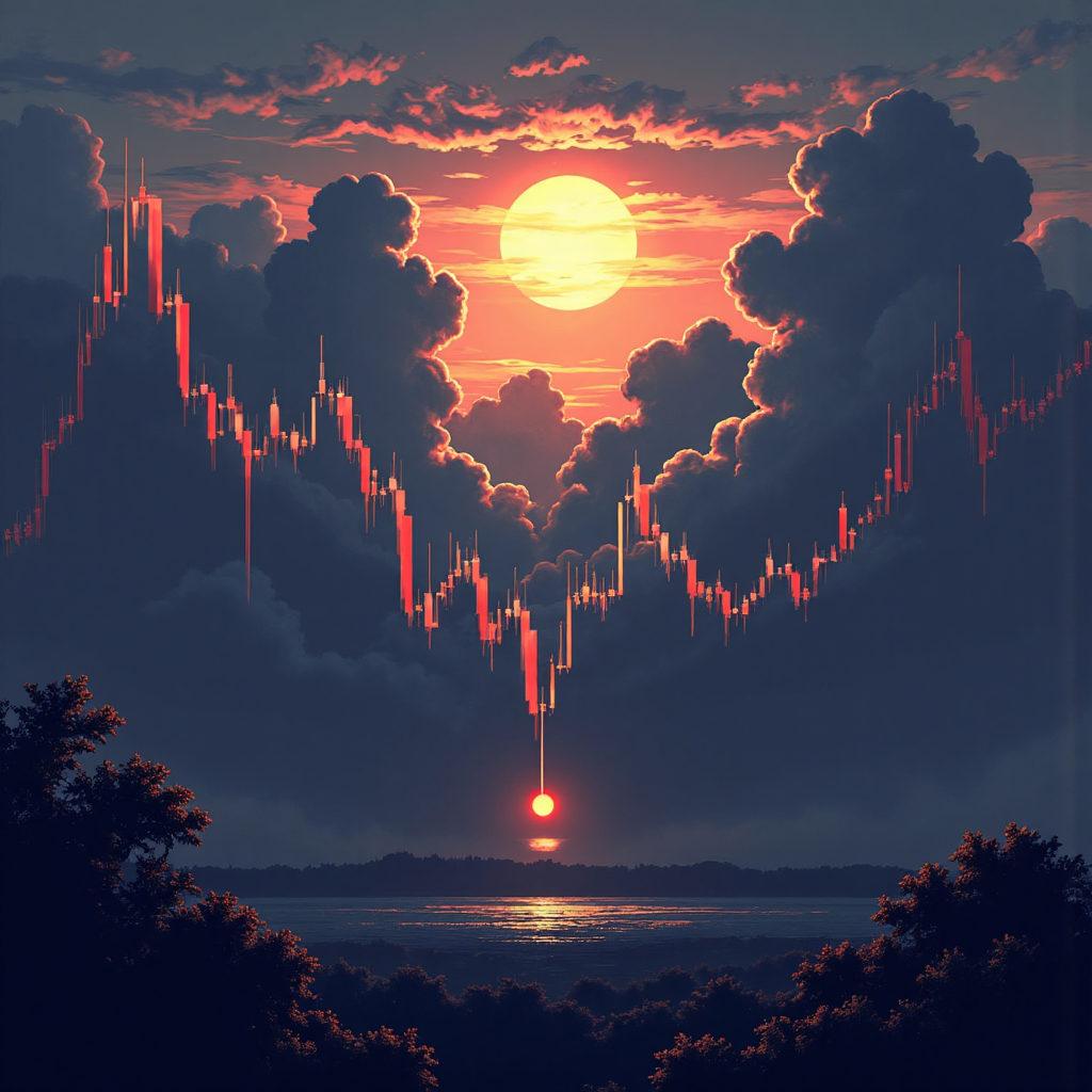 陽光穿透烏雲照亮向下趨勢股圖與向上轉折MACD指標的寧靜像素藝術插圖