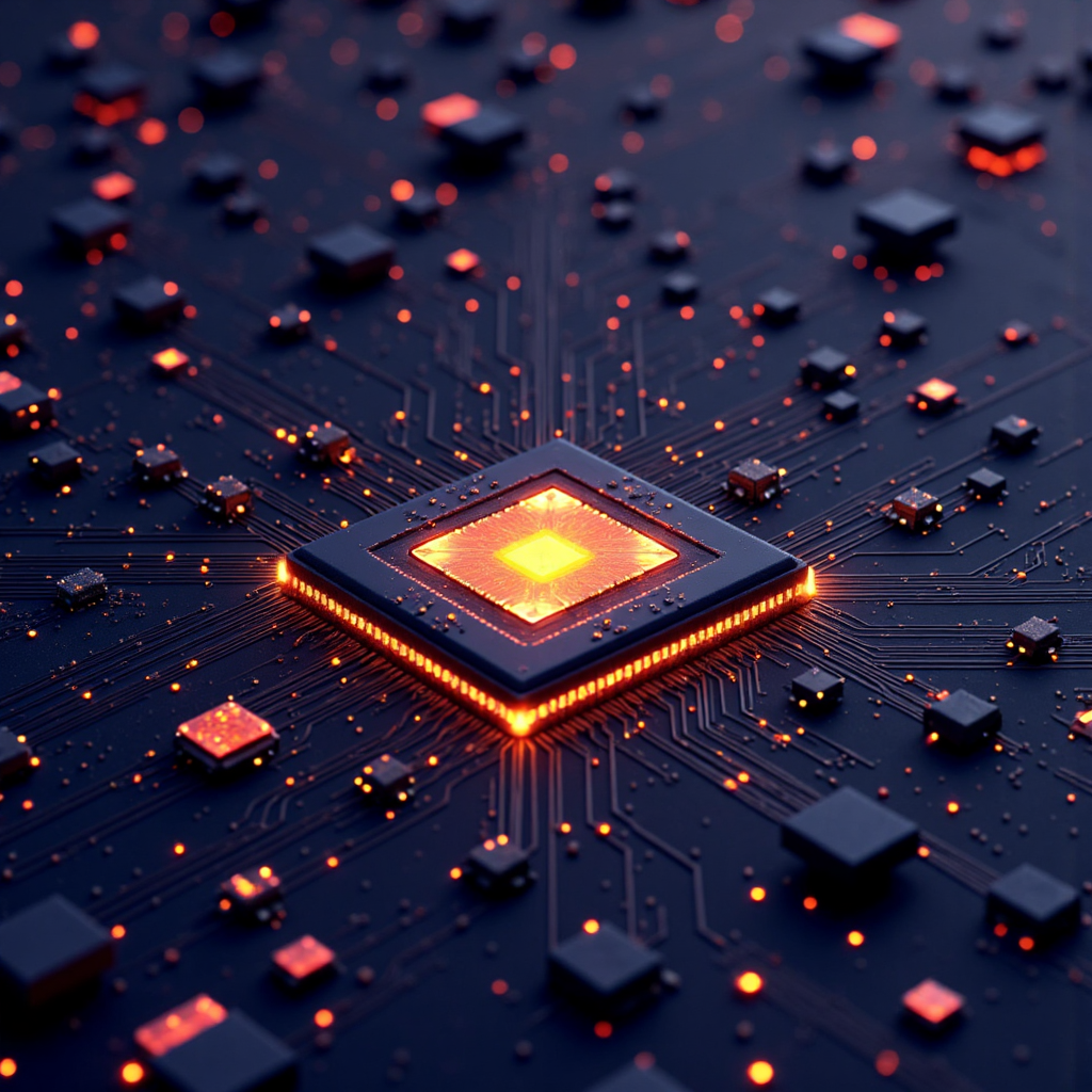 半導體晶片像素藝術插圖，展示發光電路與科技圖案