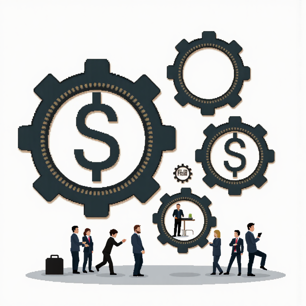齒輪與金錢符號交織的人形圖像,代表股東權益有效轉化為利潤的過程