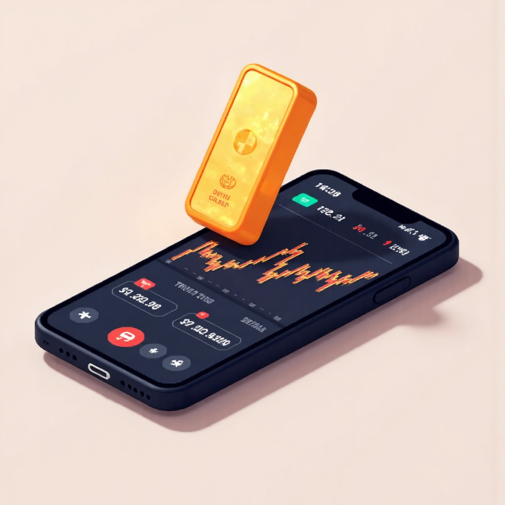 數位黃金條圖標浮在顯示股票波動圖表的智慧型手機螢幕上方,呈現現代像素藝術風格