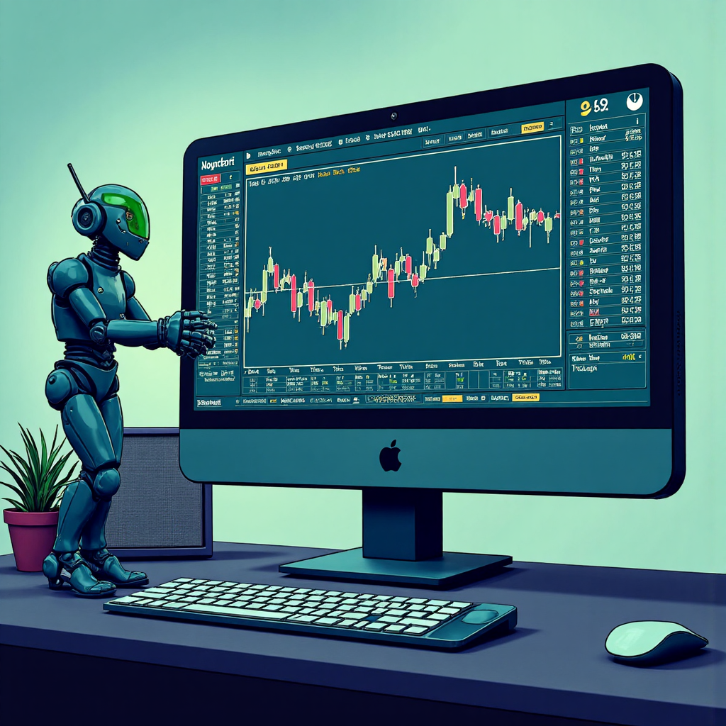 平板螢幕上的交易軟體介面，顯示威廉 %R 指標與可調整參數，旁邊有友好機器人，像素藝術風格