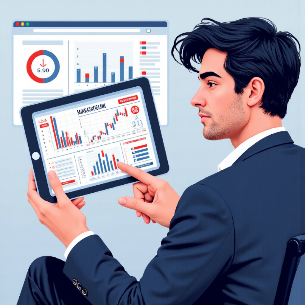 觀察金融圖表的自信投資者像素藝術插圖