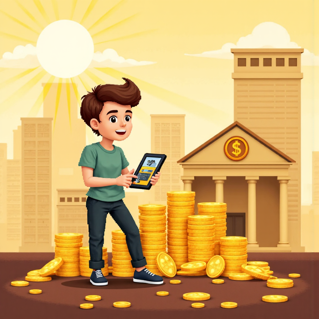 一位人士輕鬆在平板上交易黃金憑證,旁邊堆疊著金幣,背景是風格化的銀行建築與金色光芒,呈現現代像素藝術風格