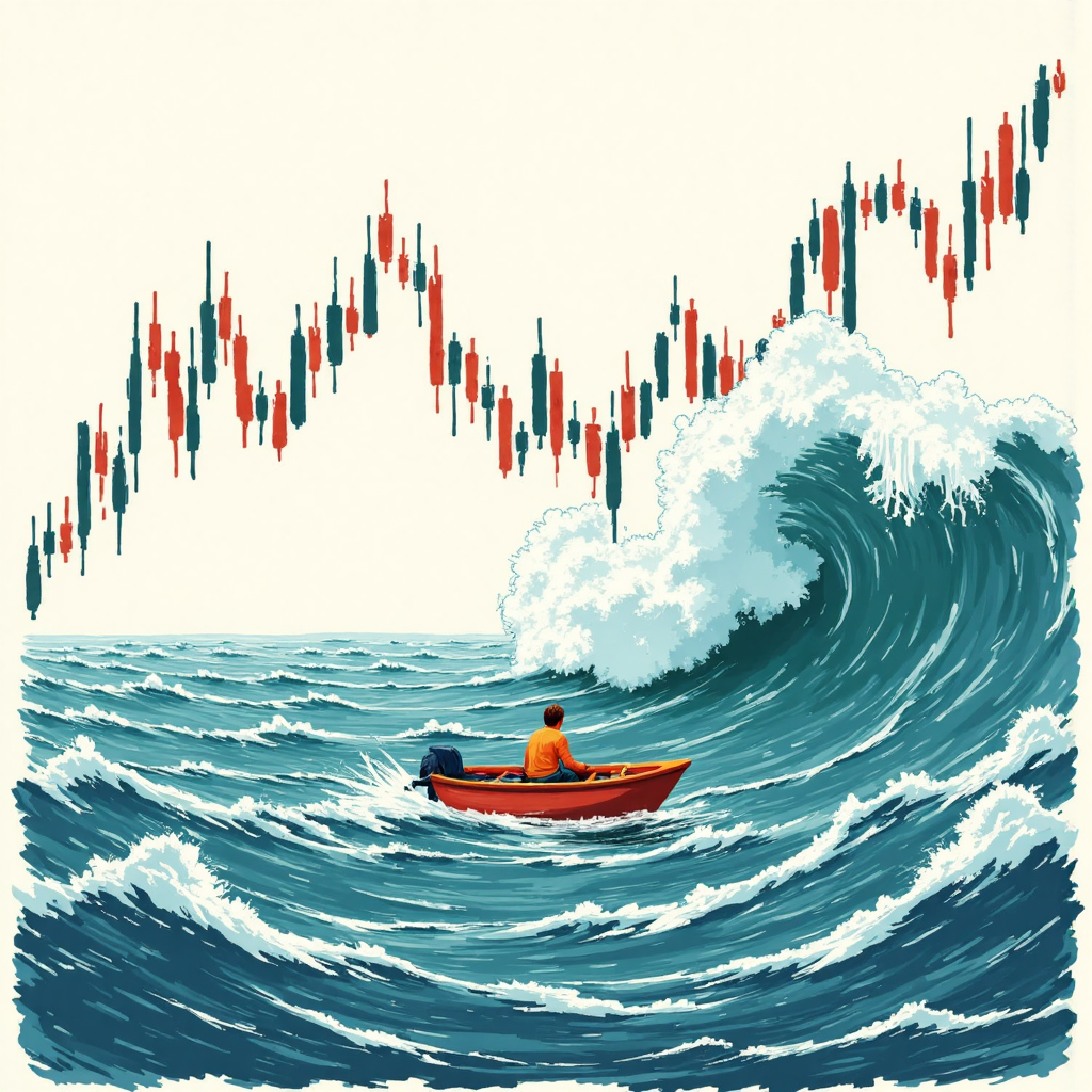 金融圖表波動如海浪的像素藝術插圖，描繪投資者小船在湍急波動中航行