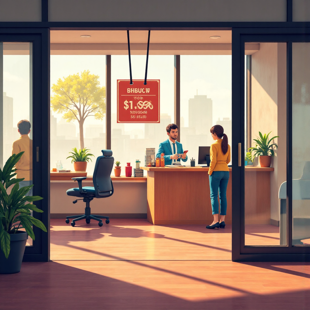 銀行大廳中掛著顯示利率的透明價格標籤，像素藝術風格插圖，陽光灑落營造溫暖氛圍