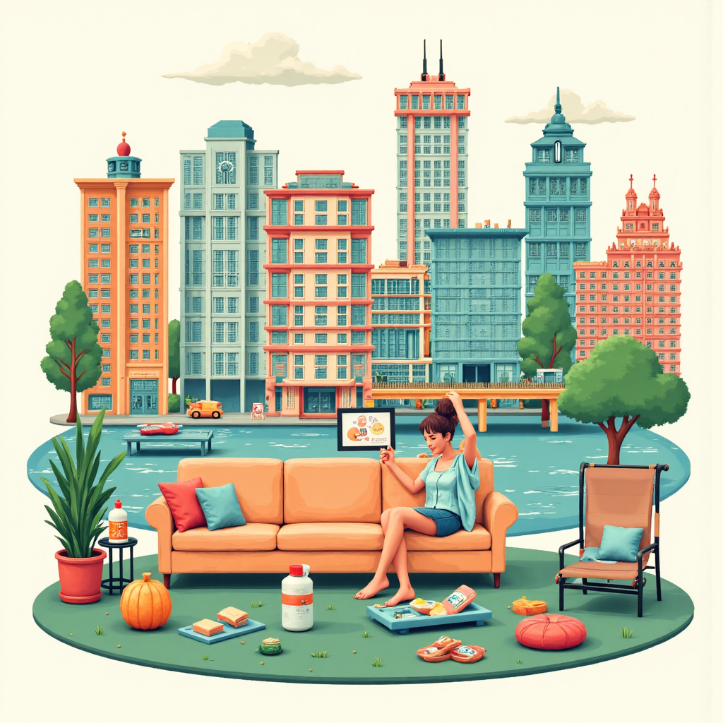 一位人物悠閒放鬆，接收來自小型建築的穩定收入流象徵REITs被動收入的像素藝術場景