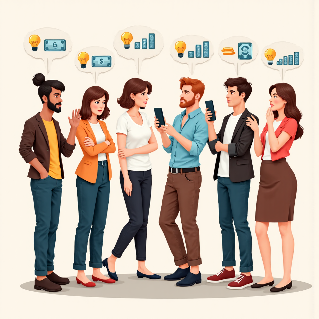 多樣人物使用數位裝置比較匯率的像素藝術插圖，伴隨燈泡圖示象徵智慧決策