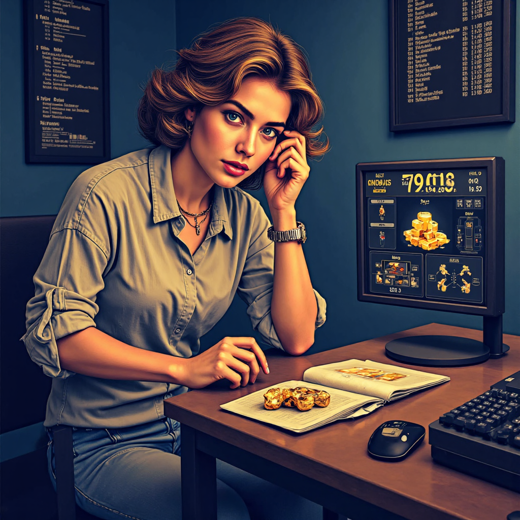 一位人士仔細比較實體黃金條與螢幕上的數位黃金圖像,周圍有象徵安全與便利的圖標,呈現現代藝術風格的像素藝術