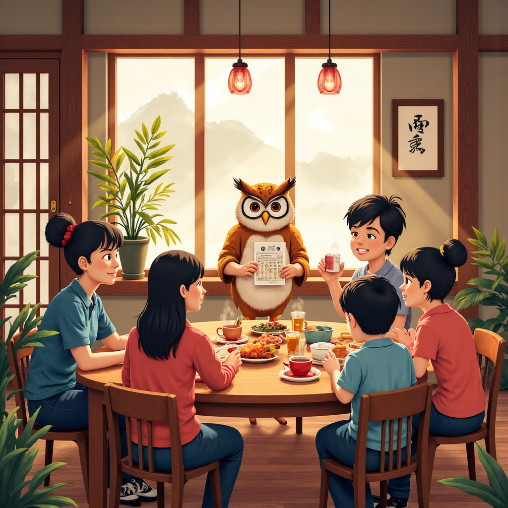 像素藝術風格的貓頭鷹在溫馨台灣茶館向多元族群解釋金融概念,營造溫暖燈光與柔和色調
