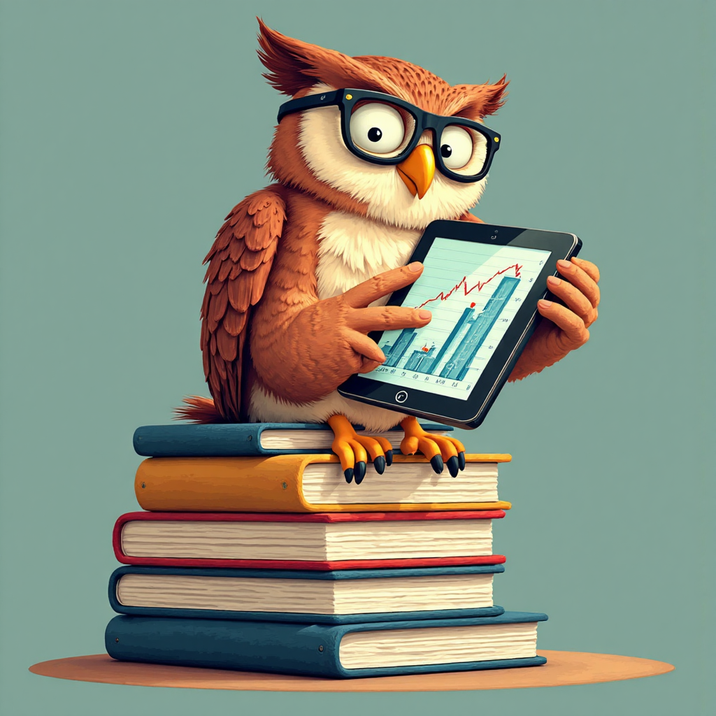戴眼鏡的擬人貓頭鷹審視平板上的財務圖表，坐在投資基金說明書堆疊上，帶有柔和聚光燈的奇幻插圖