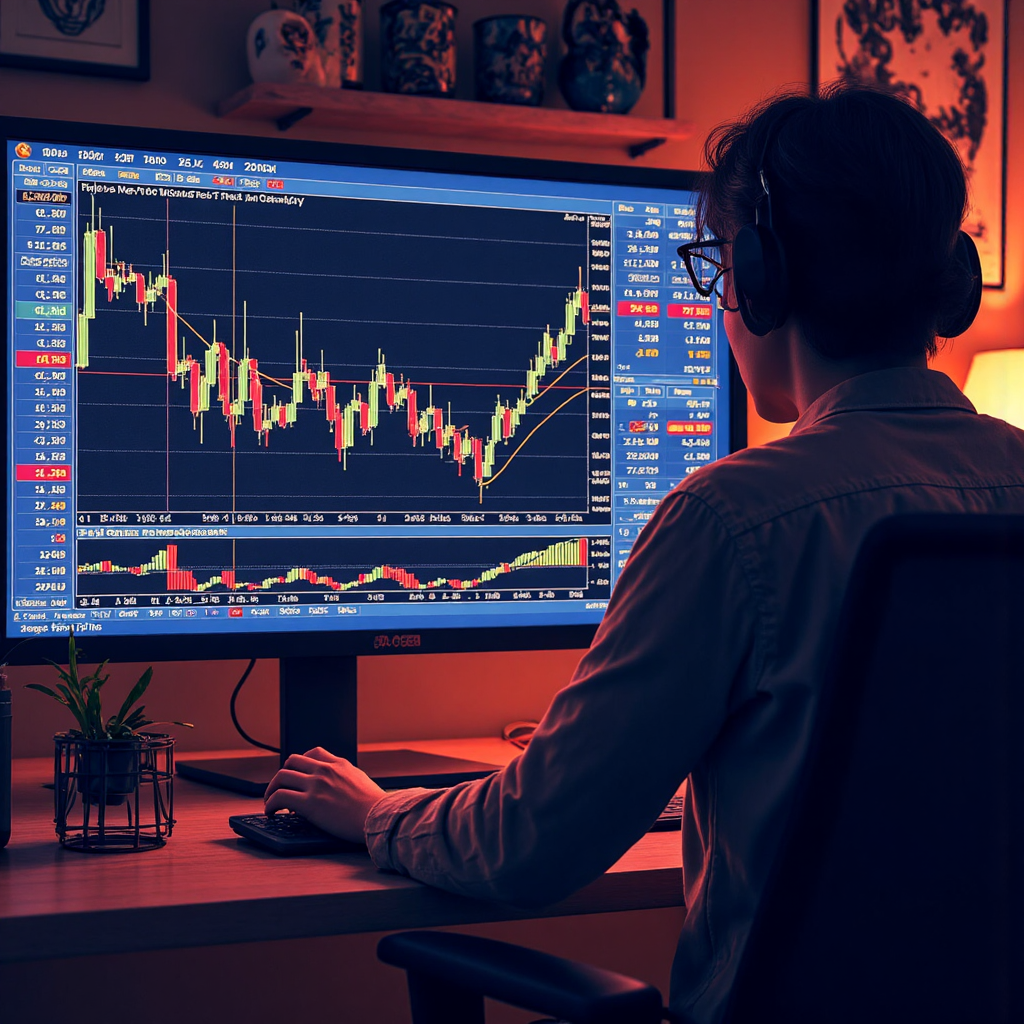 交易者分析複雜股票圖表，威廉 %R 指標疊加在活力數位螢幕上，像素藝術風格