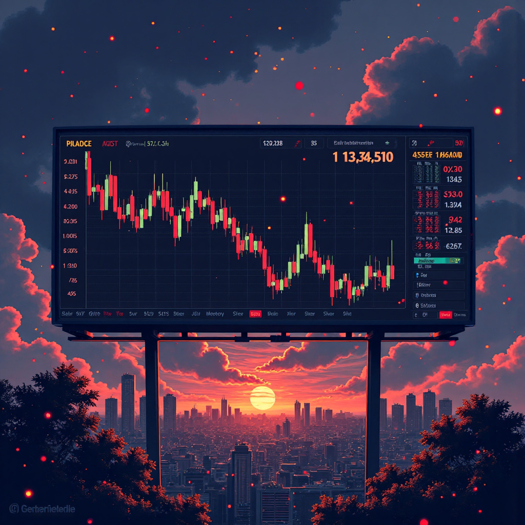 股市圖表上升價格線與向下傾斜MACD指標背離的抽象像素藝術插圖