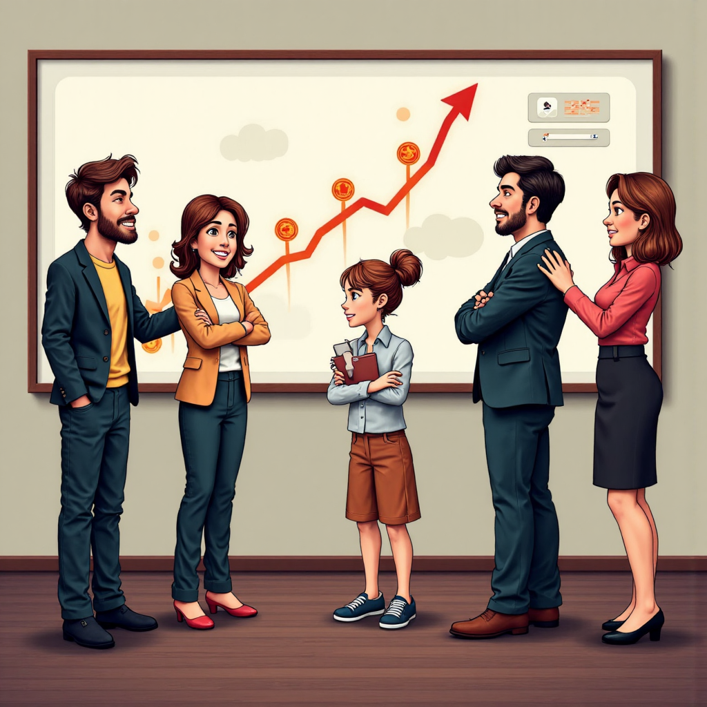 卡通投資人觀看半導體成長圖表像素藝術插圖