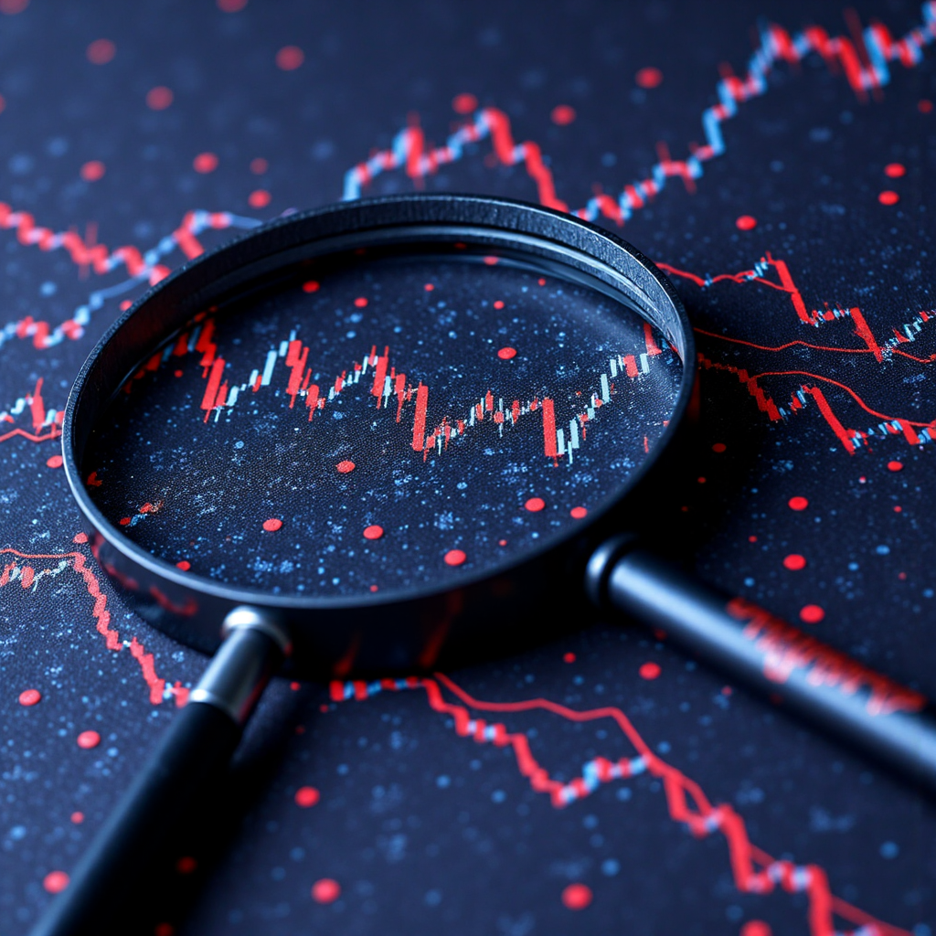 放大鏡檢視複雜股圖突出MACD背離線的細緻像素藝術插圖