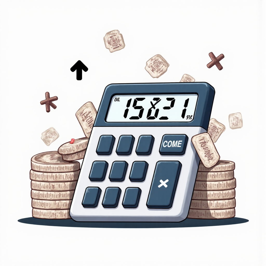 計算器顯示波動的投資報酬率百分比,伴隨上下箭頭與台灣貨幣符號,傳達報酬計算的動態性