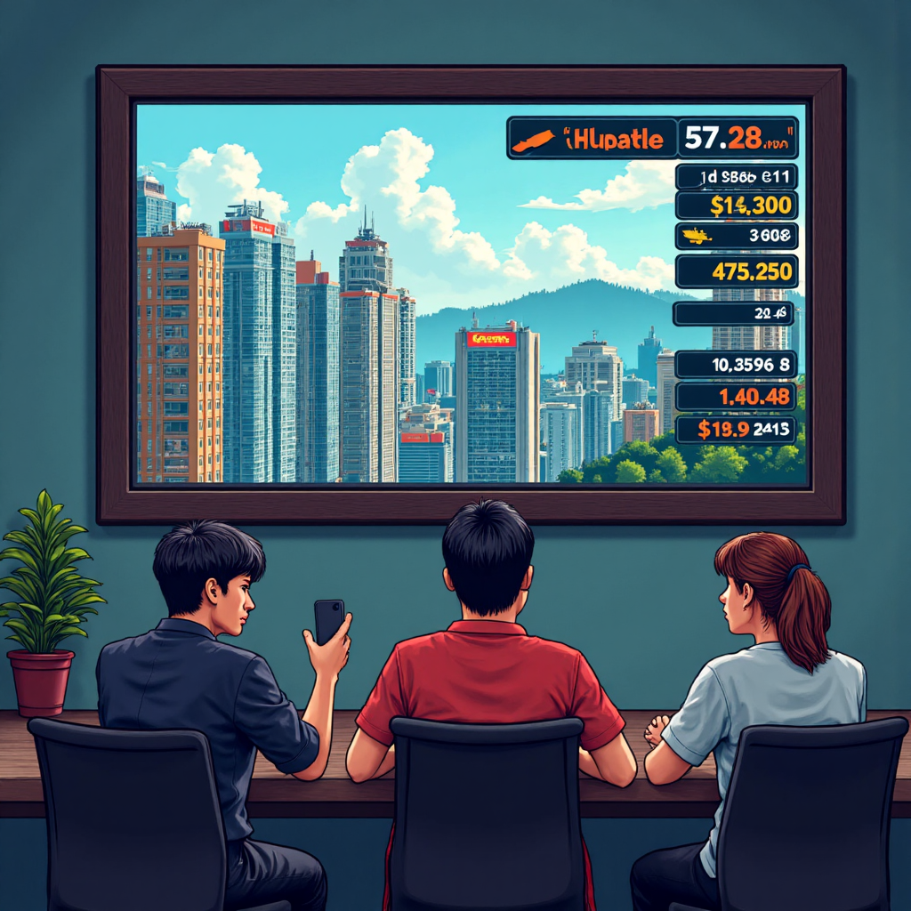 台灣投資人關注阿里巴巴股價下跌的像素藝術場景，包含數字市場與雲計算元素