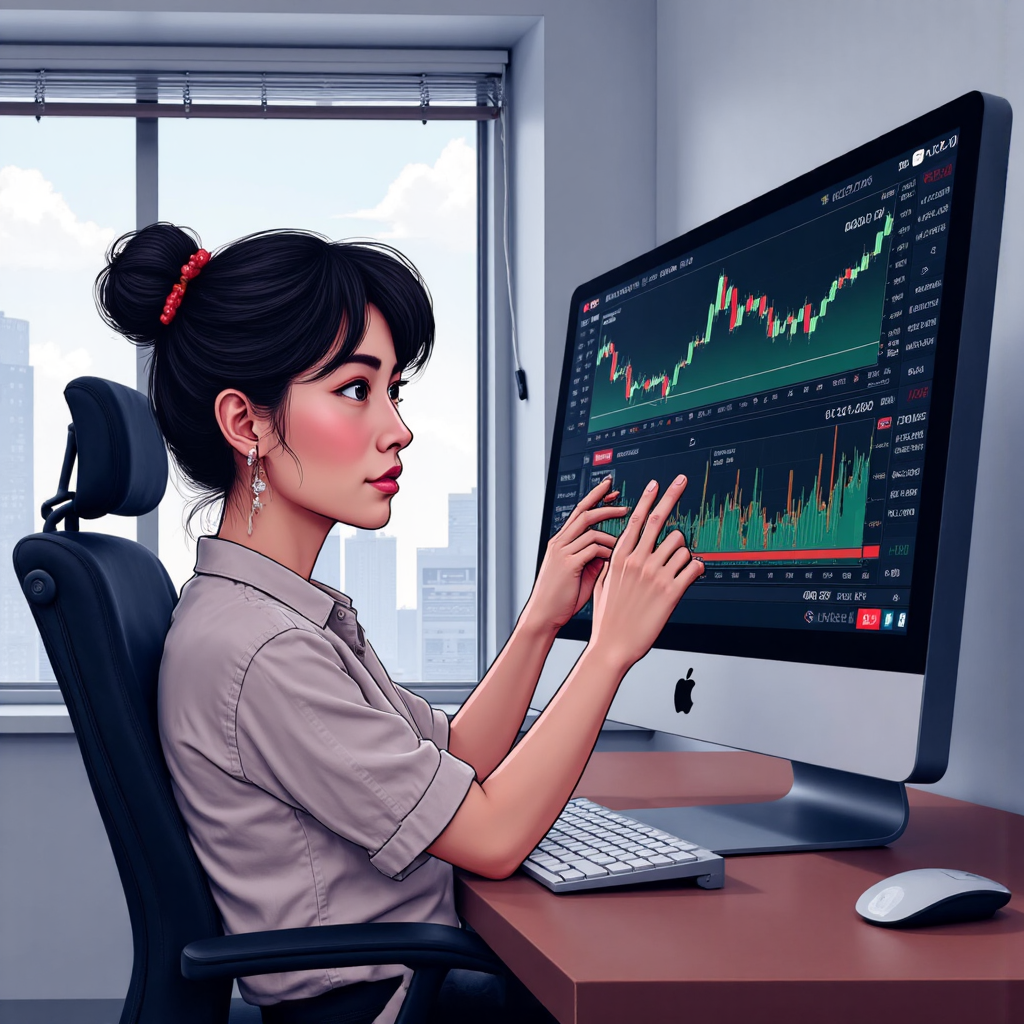 台灣投資者與納斯達克指數圖表的互動像素藝術插圖,展現理解與謹慎樂觀的表情