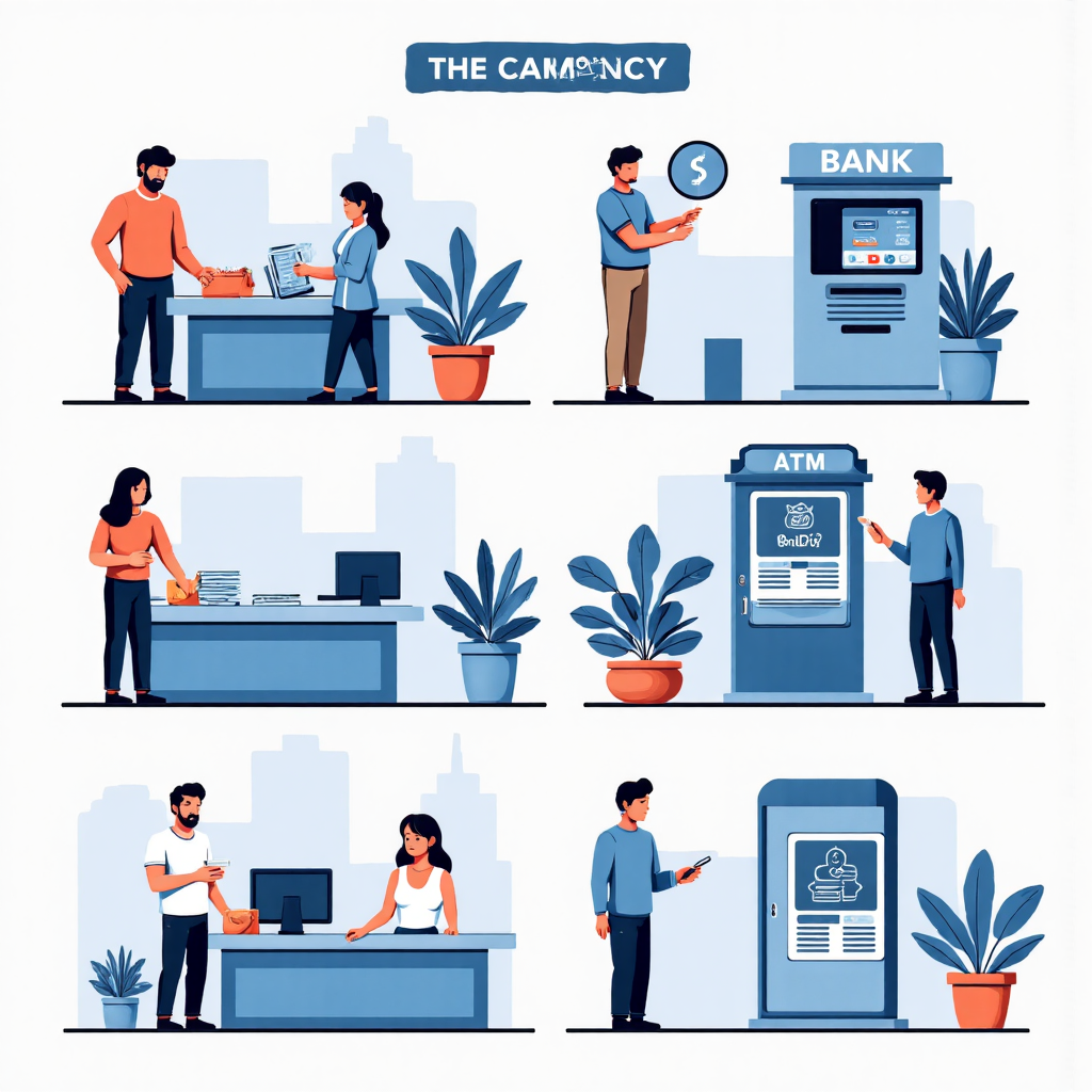 各種貨幣兌換方式的扁平設計插圖，包括銀行櫃檯、行動應用程式和自動櫃員機