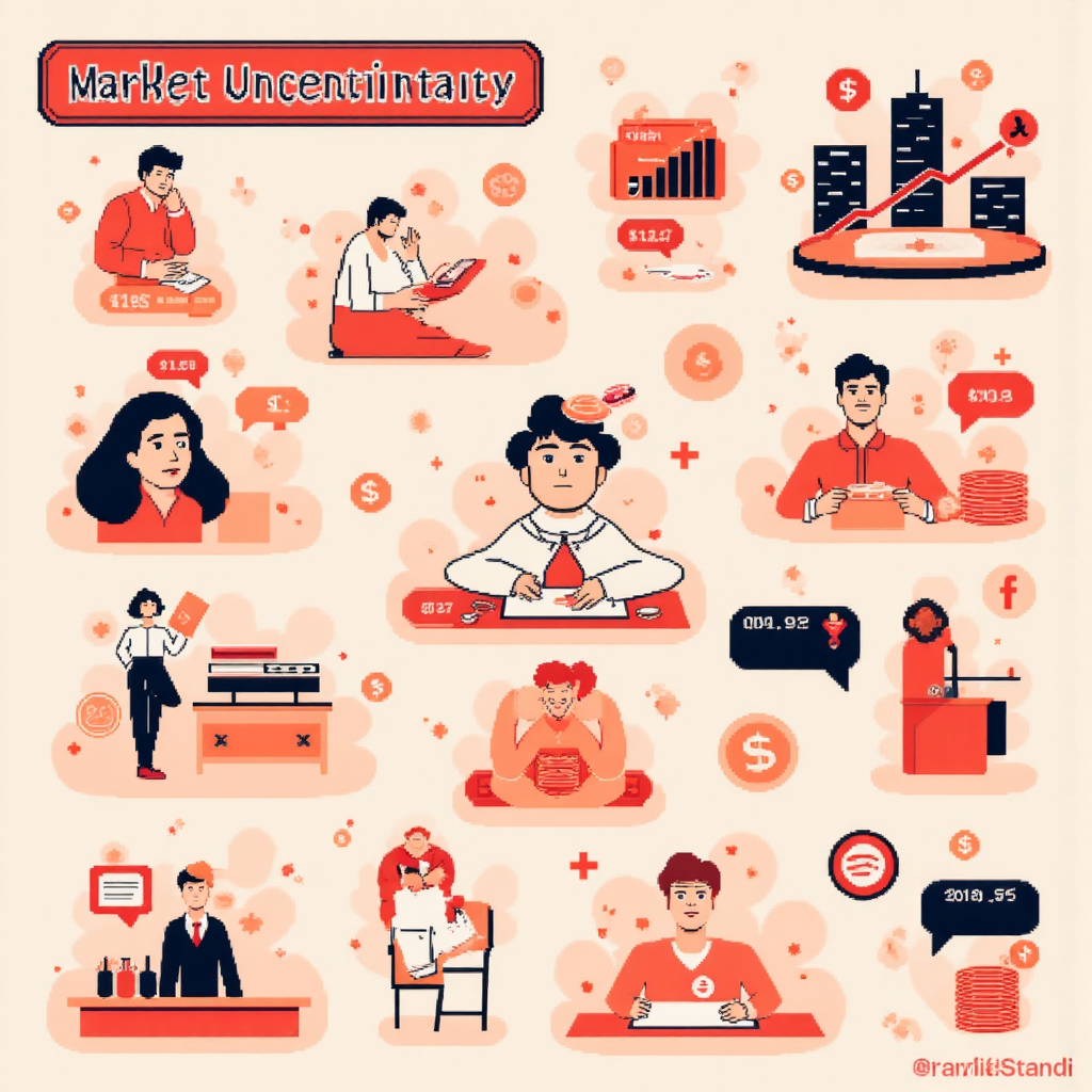 市場不確定性資訊圖，包含掉落硬幣、經濟圖表與擔憂臉孔的抽象漩渦像素藝術