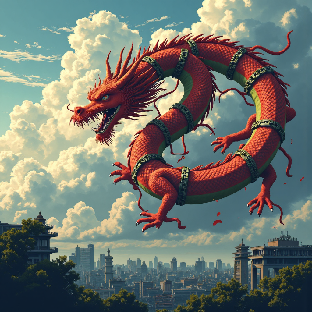 阿里巴巴象徵中國龍受監管枷鎖束縛的像素藝術意象，反映政府政策衝擊