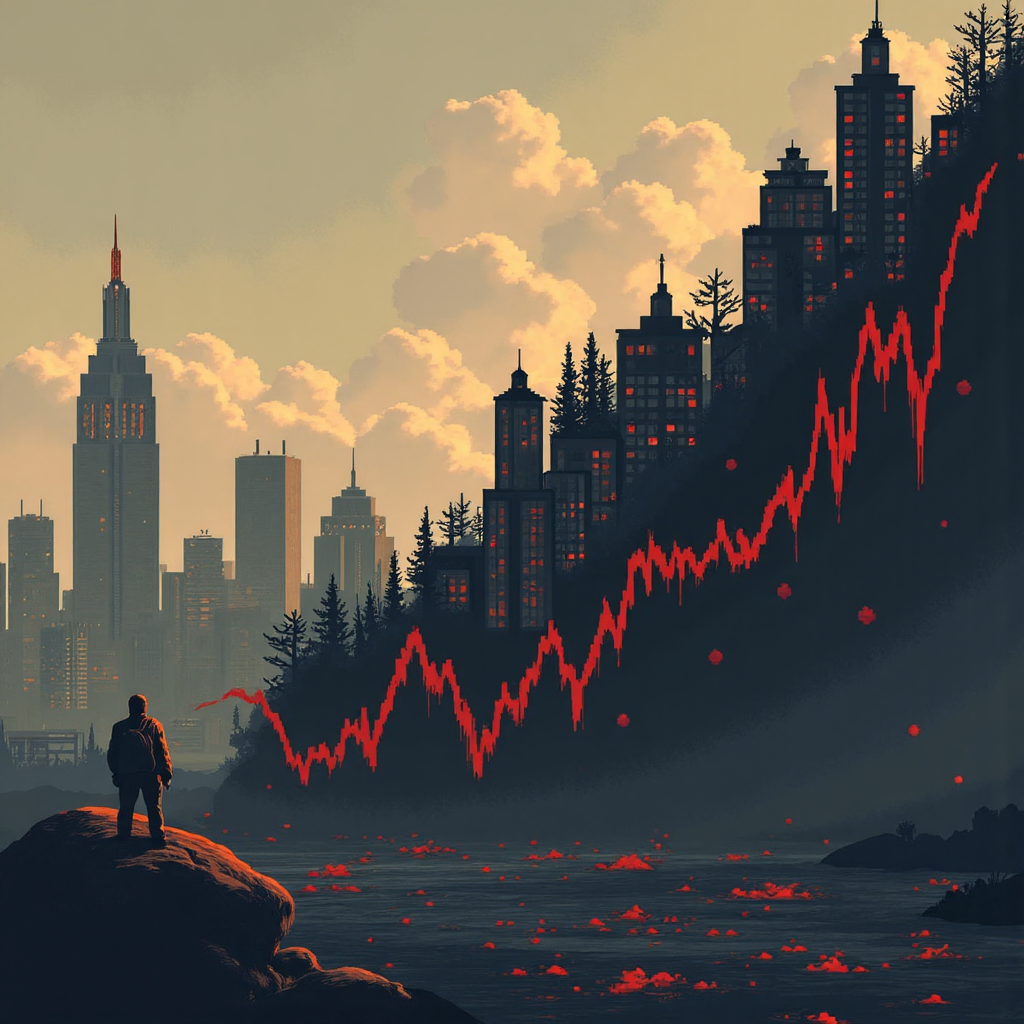 阿里巴巴股價暴跌的像素藝術圖示，顯示金融圖表急墜與市場不確定性