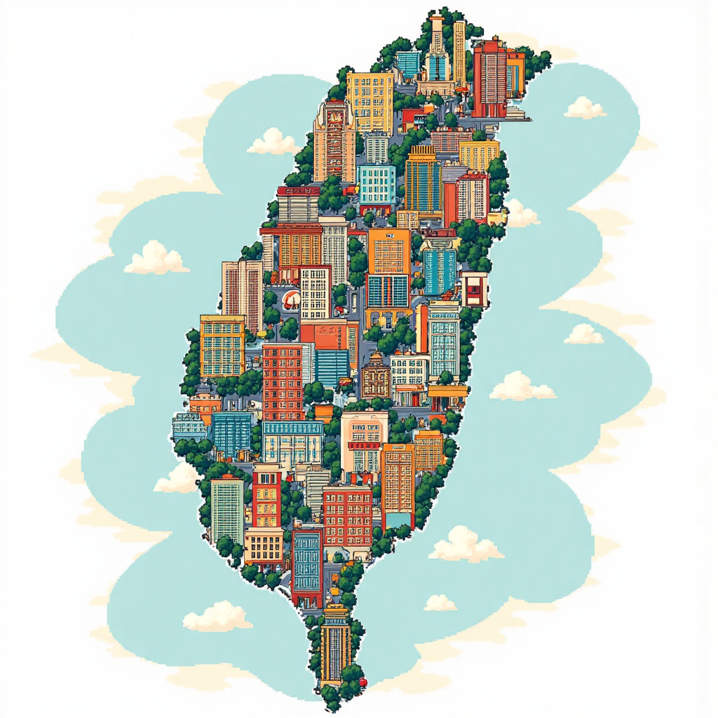 台灣地圖上點綴各種建築如辦公室、零售店、住宅和酒店的像素藝術圖，象徵REITs的多樣化物業組合