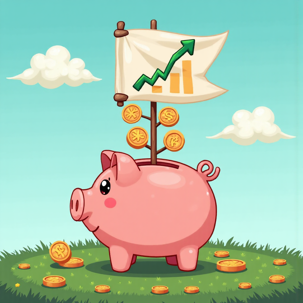 豬仔撲滿長出錢幣，橫幅顯示上升利率圖表，像素藝術風格插圖，藍天映襯正面財務成長