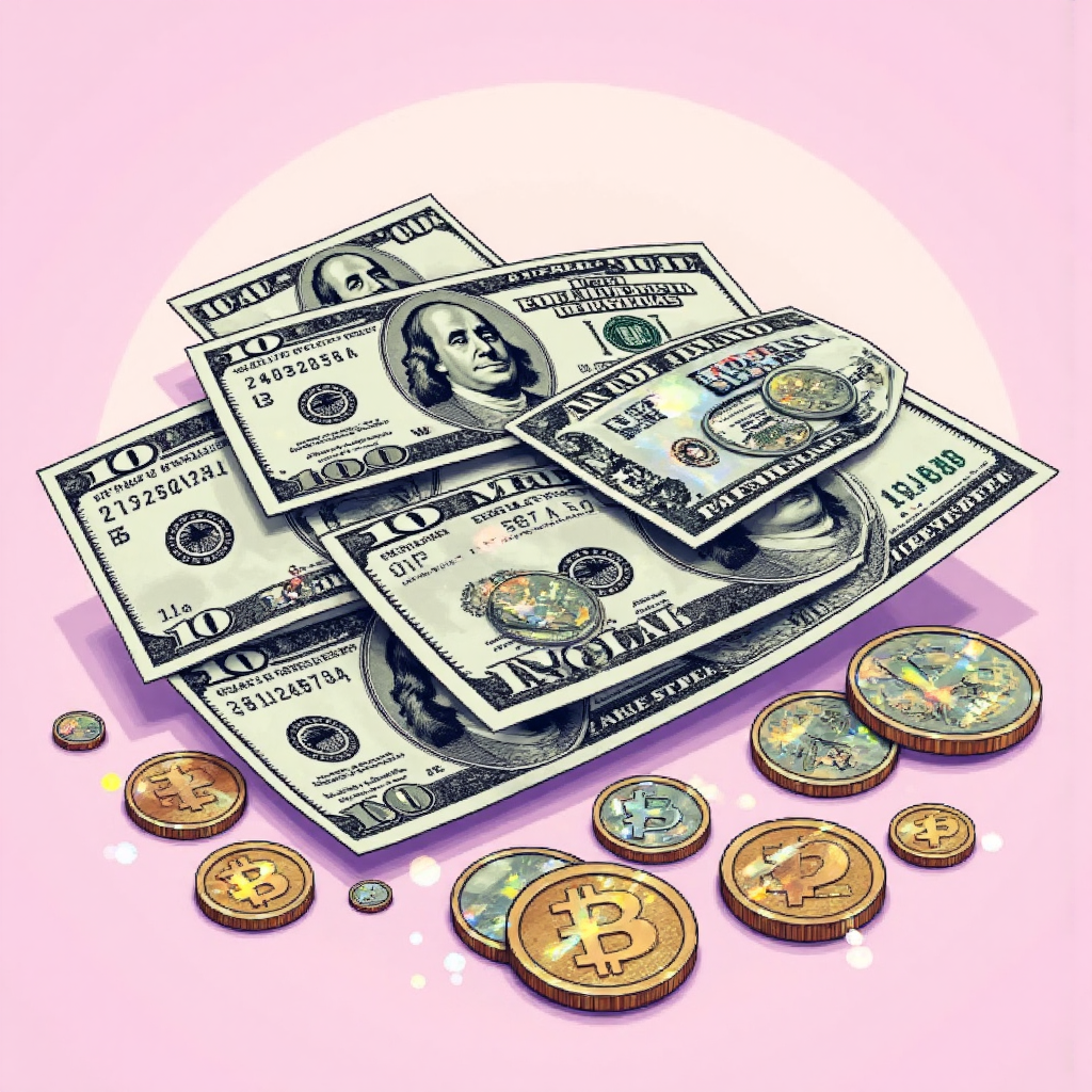 美國美元鈔票與硬幣的線稿插圖，帶有柔和漸層背景