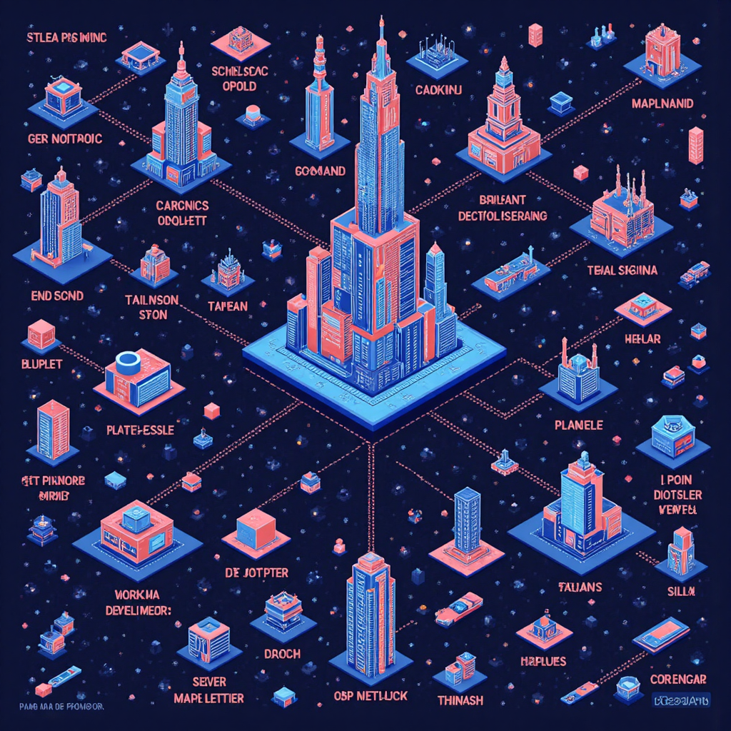 全球科技公司與納斯達克100指數互聯的動態資訊圖像素藝術,呈現數據流向台灣