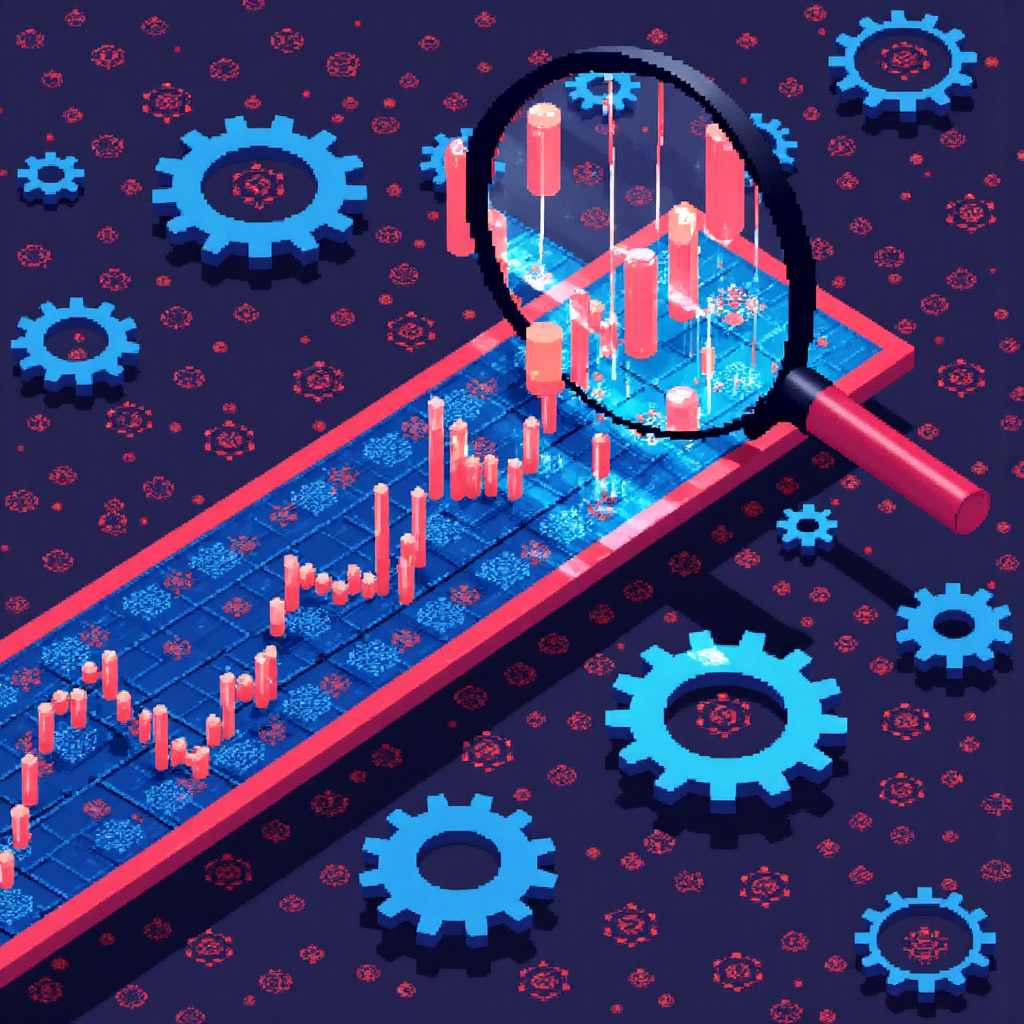 金融槓桿概念的像素藝術插圖,使用齒輪和放大鏡聚焦美國股市指數符號,呈現生動動態的機會與複雜氛圍