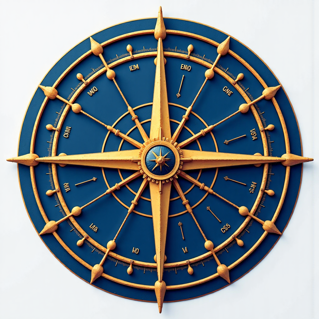 整合蠟燭圖和移動平均線的指南針風格圖像,象徵金融市場的方向指引,以寧靜藍金色調呈現