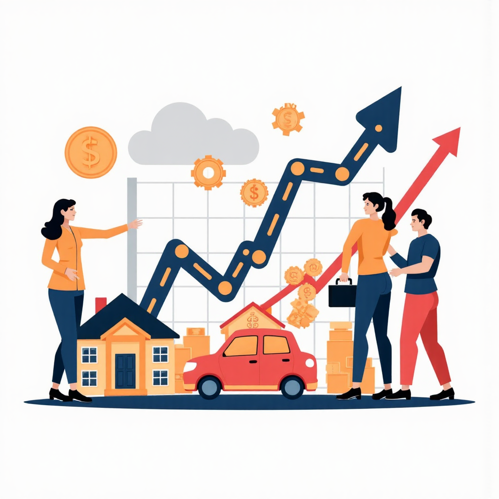 像素藝術風格的動態金融圖表,顯示市場利率漲跌線條,伴隨房屋、汽車和存錢罐元素,呈現現代工作室風貌