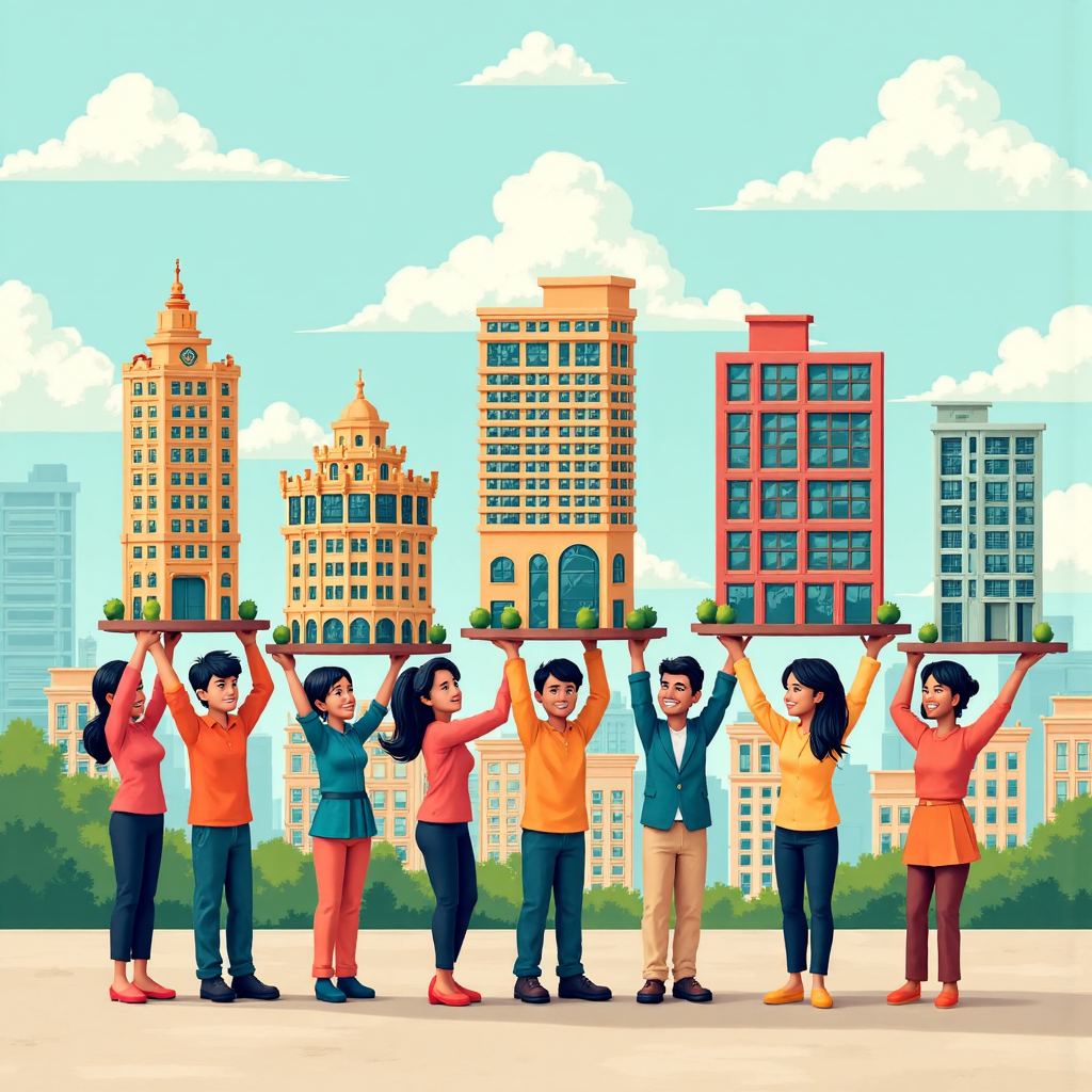 多元小額投資者集體參與不動產投資信託的像素藝術插圖，展現樂觀的集資場景