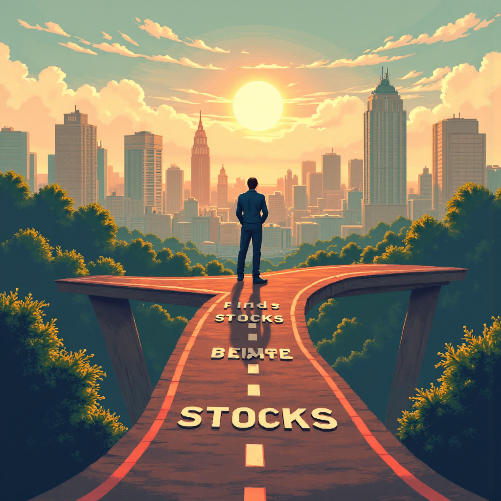 投資者在十字路口選擇股票、債券或房地產路徑,遠方未來城市沐浴晨光,象徵投資決策與財務目標