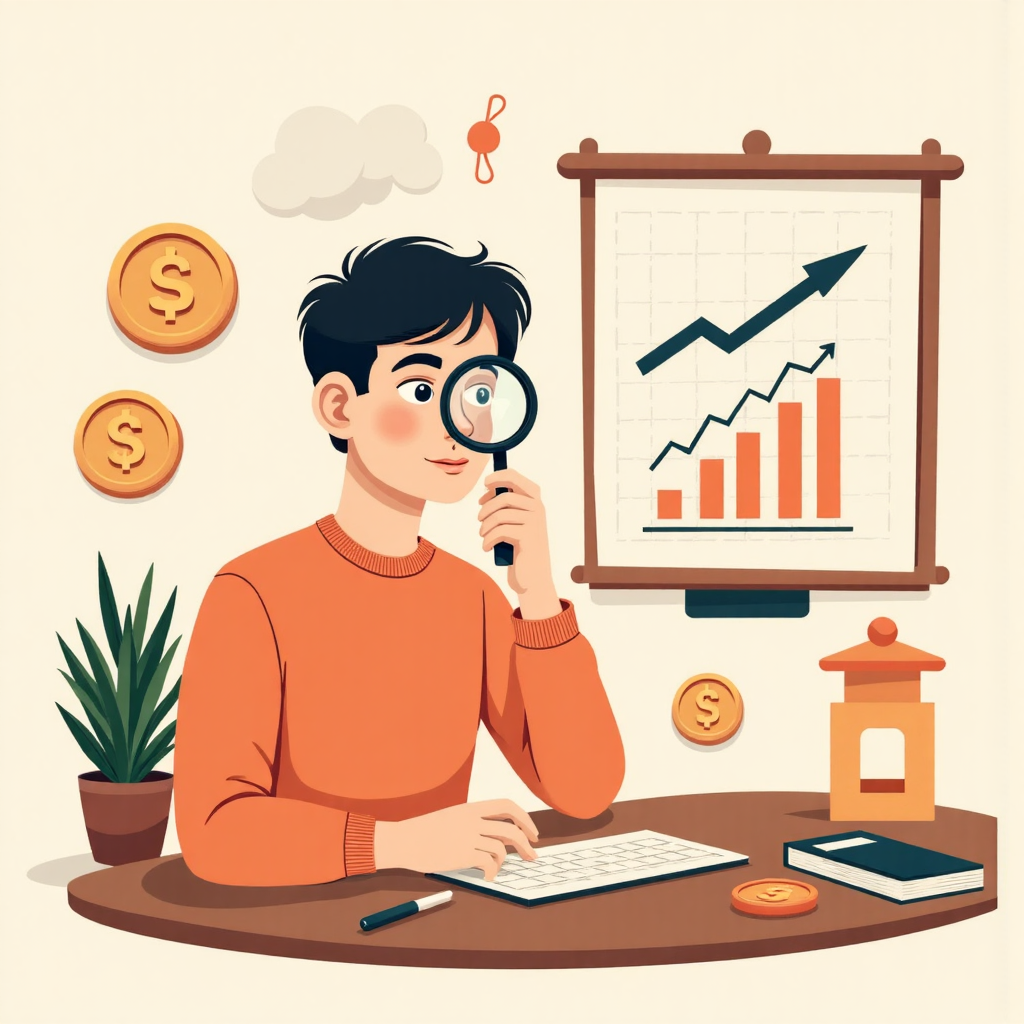 投資者用放大鏡檢視股票圖表,周圍環繞貨幣、圖表與台灣建築元素,象徵投資分析與沉思