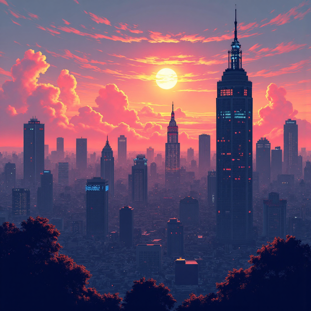 納斯達克股票市場指數與台灣島輪廓的像素藝術插圖,背景為明亮樂觀的天空