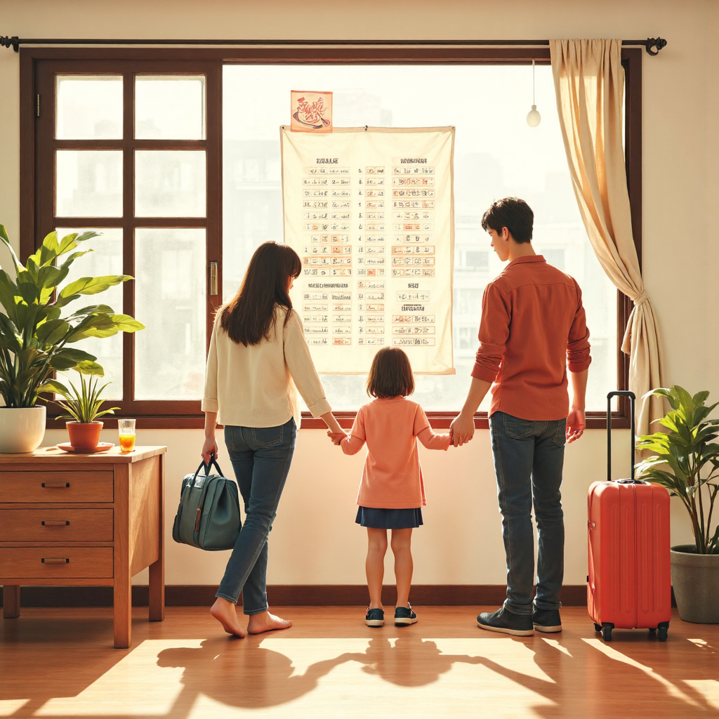 台灣家庭規劃海外旅行,背景有貨幣兌換圖表,象徵匯率波動對旅行影響的溫暖像素藝術插圖