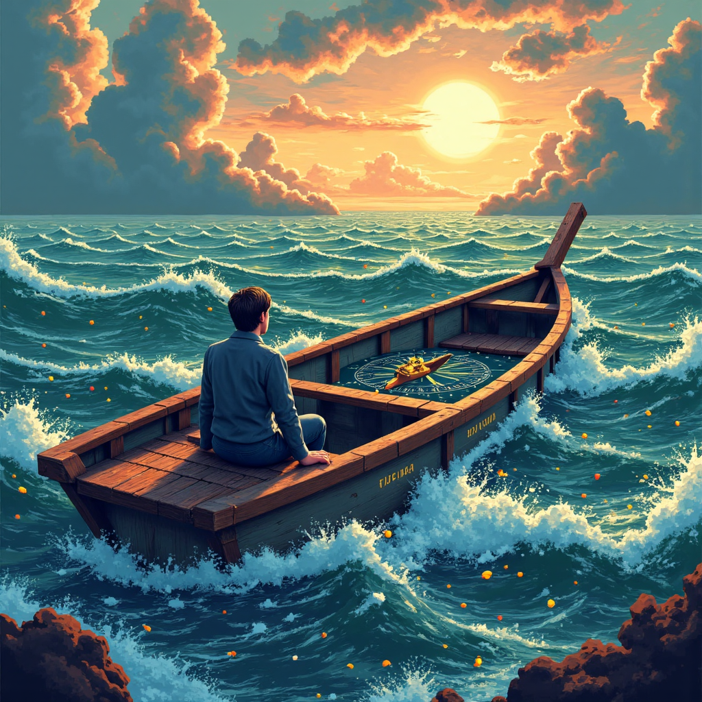 投資者使用策略與耐心指南針航行風暴海域的像素藝術場景，充滿金融符號