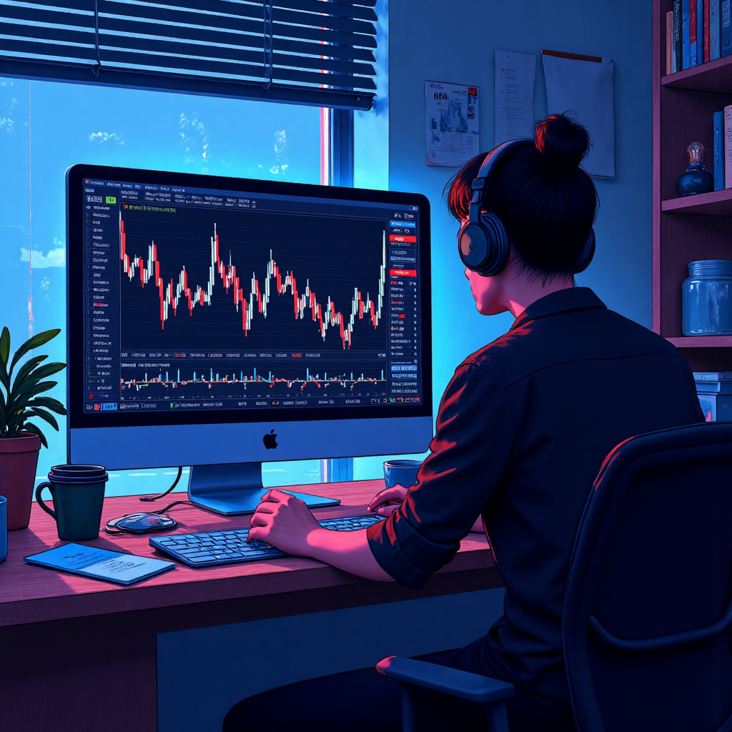 台灣交易員深夜盯著電腦螢幕查看美股圖表，桌面散落咖啡杯和筆記，營造晚間交易氛圍