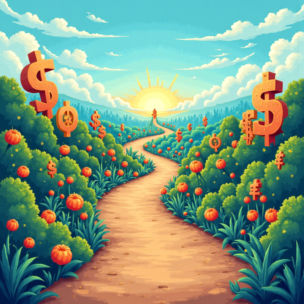 蜿蜒小徑穿越財務符號景觀，通往遠方明亮地平線，象徵成長與成就的冒險風格插圖