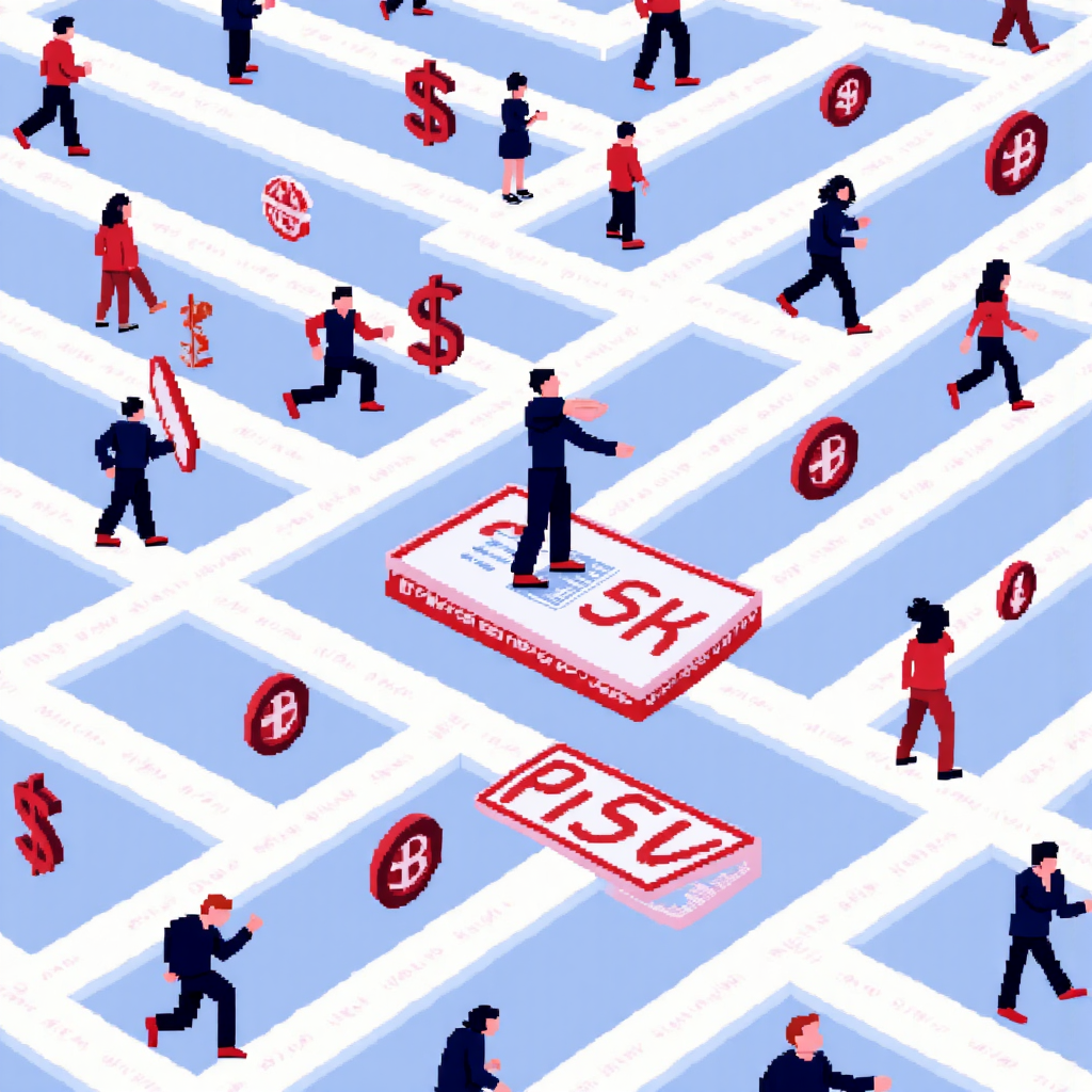 交易風險管理的像素藝術視覺化,描繪人物在金融符號迷宮中謹慎前進,強調清晰路徑與警示標誌的控制感